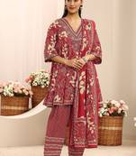 red floral printed cotton a-line suit set with dupatta
