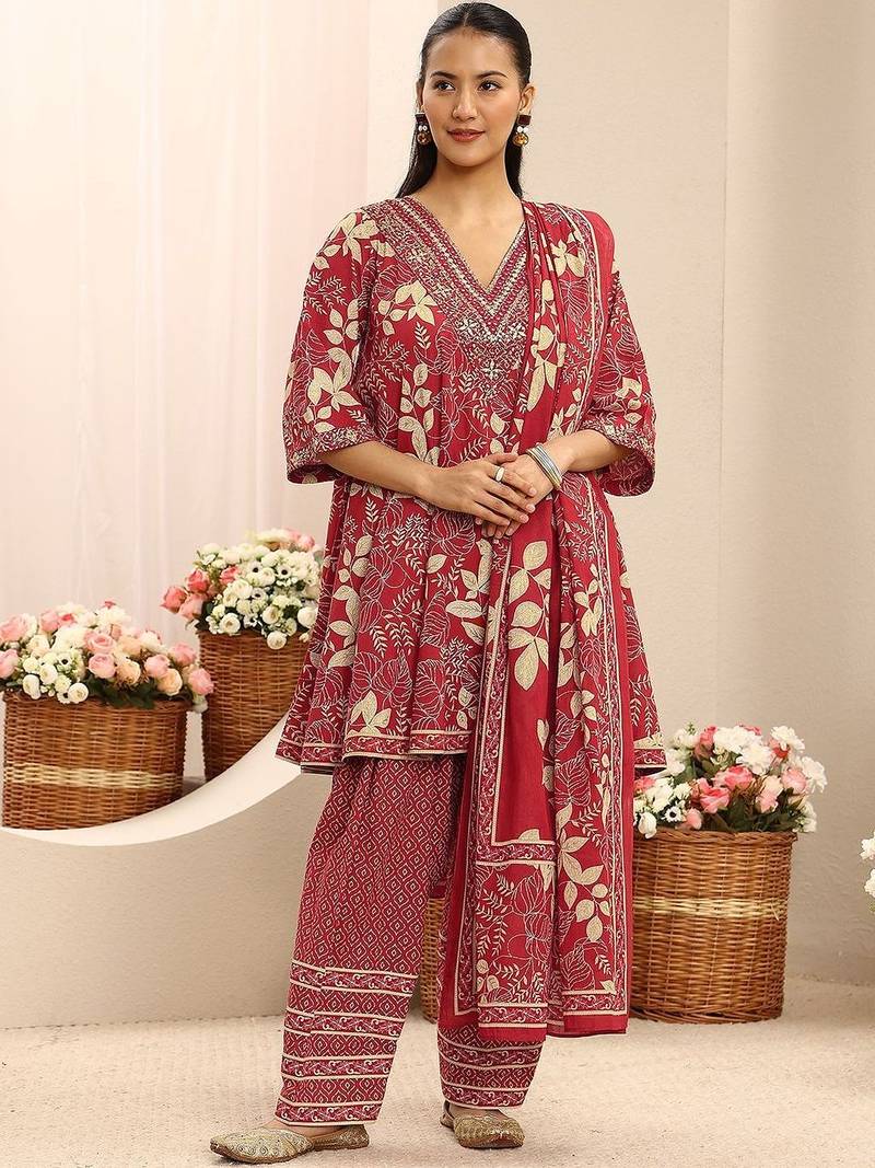red floral printed cotton a-line suit set with dupatta