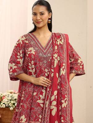 red floral printed cotton a-line suit set with dupatta 2