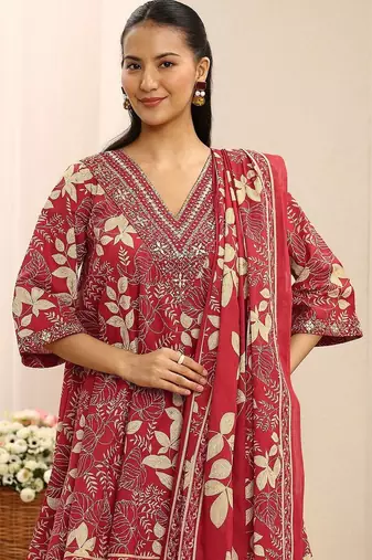 red floral printed cotton a-line suit set with dupatta