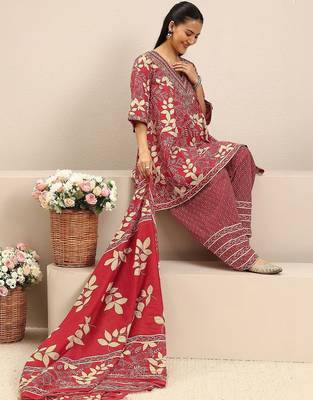 red floral printed cotton a-line suit set with dupatta 3
