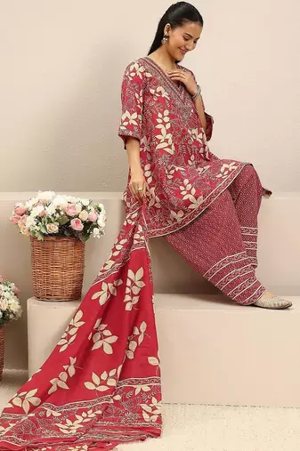 red floral printed cotton a-line suit set with dupatta