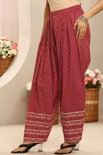red floral printed cotton a-line suit set with dupatta