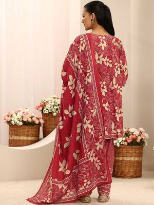 red floral printed cotton a-line suit set with dupatta 5