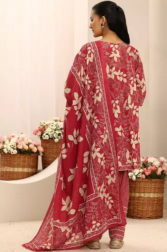 red floral printed cotton a-line suit set with dupatta