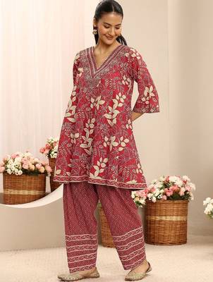 red floral printed cotton a-line suit set with dupatta 6