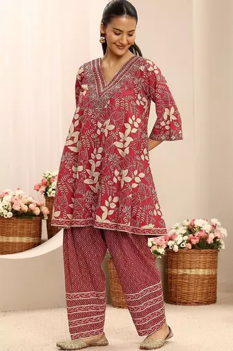 red floral printed cotton a-line suit set with dupatta
