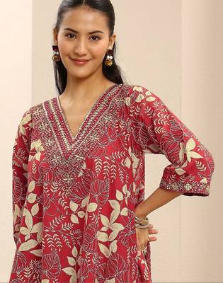 red floral printed cotton a-line suit set with dupatta 7