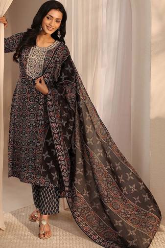 women ethnic motifs printed regular thread work kurta with trousers & with dupatta