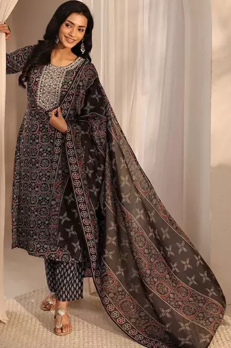 women ethnic motifs printed regular thread work kurta with trousers & with dupatta