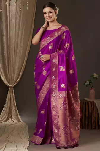 Purple purple & gold-toned woven design zari designer banarasi saree