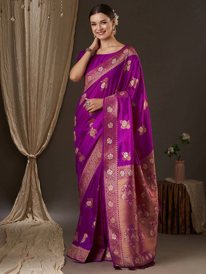 Purple purple & gold-toned woven design zari designer banarasi saree
