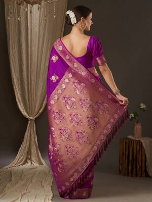 Purple purple & gold-toned woven design zari designer banarasi saree 2