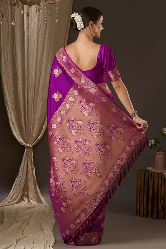 Purple purple & gold-toned woven design zari designer banarasi saree