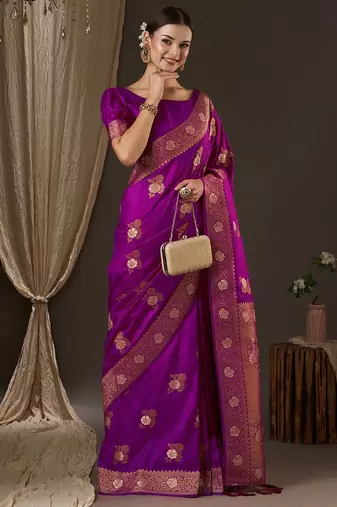 Purple purple & gold-toned woven design zari designer banarasi saree