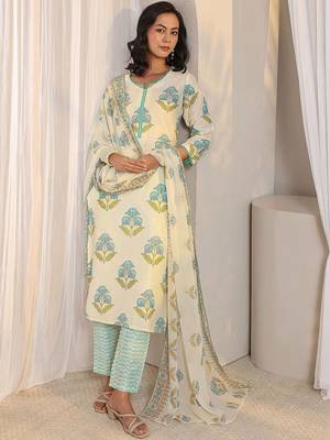 off white floral printed chanderi silk straight suit set with dupatta 1
