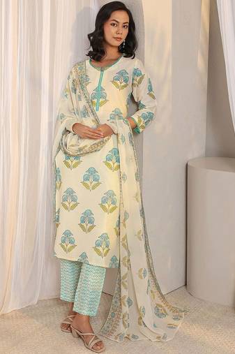 off white floral printed chanderi silk straight suit set with dupatta