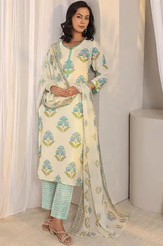 off white floral printed chanderi silk straight suit set with dupatta