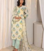 off white floral printed chanderi silk straight suit set with dupatta