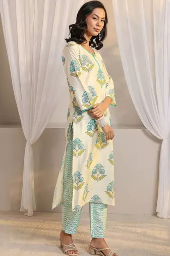 off white floral printed chanderi silk straight suit set with dupatta