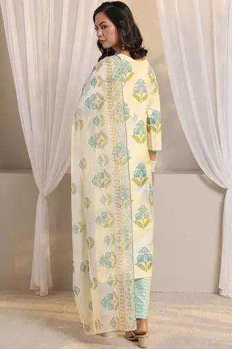 off white floral printed chanderi silk straight suit set with dupatta