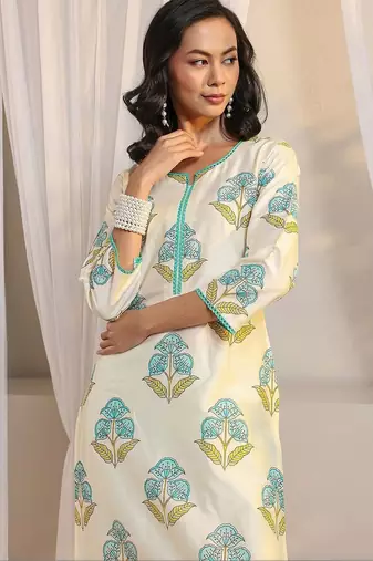 off white floral printed chanderi silk straight suit set with dupatta