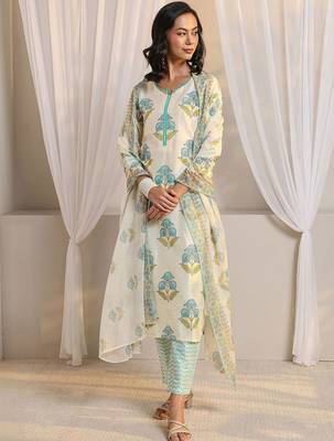 off white floral printed chanderi silk straight suit set with dupatta 7