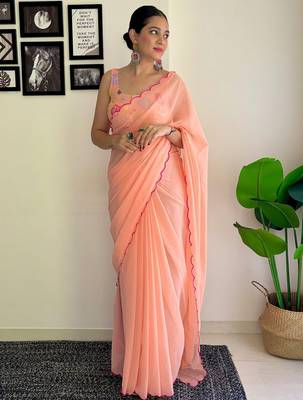 Peach embellished  georgette saree 1