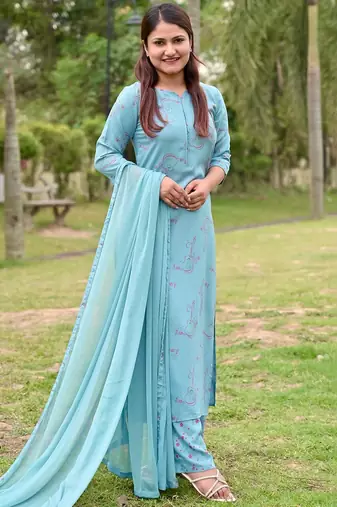 women ethnic motifs embroidered kurta with palazzo & dupatta