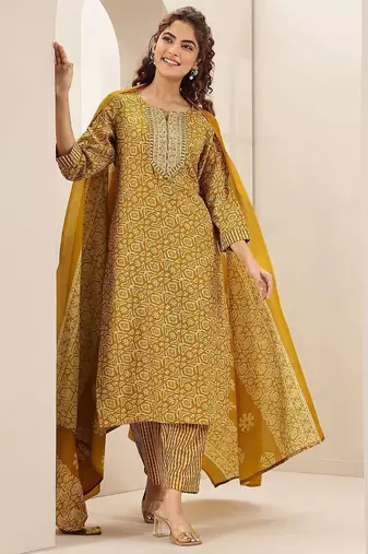 ethnic motifs printed round neck thread work straight kurta with trousers & dupatta