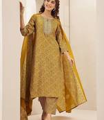 ethnic motifs printed round neck thread work straight kurta with trousers & dupatta