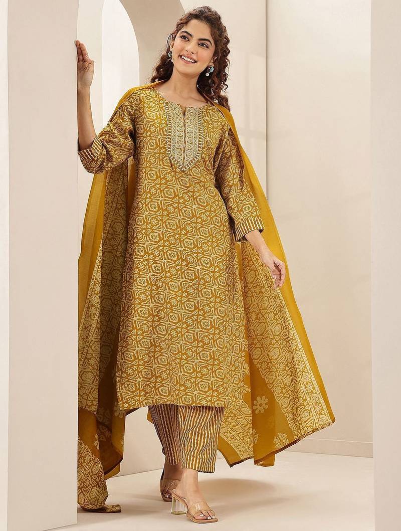 ethnic motifs printed round neck thread work straight kurta with trousers & dupatta