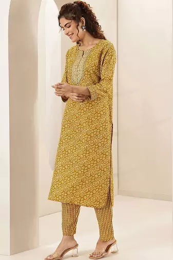 ethnic motifs printed round neck thread work straight kurta with trousers & dupatta