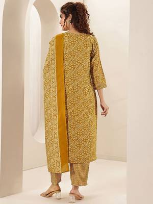 ethnic motifs printed round neck thread work straight kurta with trousers & dupatta 4