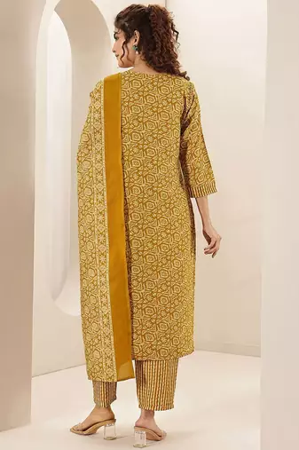 ethnic motifs printed round neck thread work straight kurta with trousers & dupatta