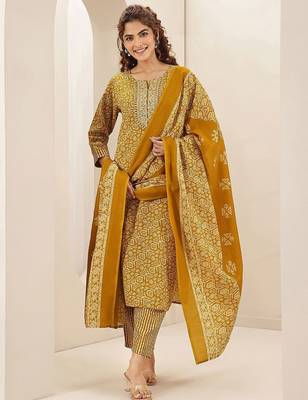 ethnic motifs printed round neck thread work straight kurta with trousers & dupatta 5