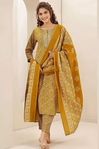 ethnic motifs printed round neck thread work straight kurta with trousers & dupatta