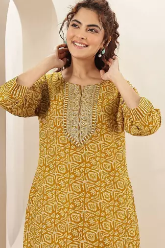 ethnic motifs printed round neck thread work straight kurta with trousers & dupatta