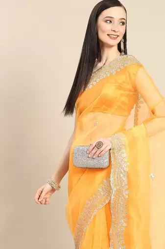 Mustard mustard & silver-coloured organza saree with embroidered border