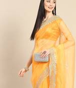 Mustard mustard & silver-coloured organza saree with embroidered border
