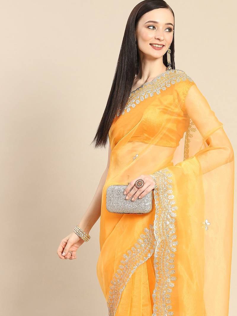 Mustard mustard & silver-coloured organza saree with embroidered border