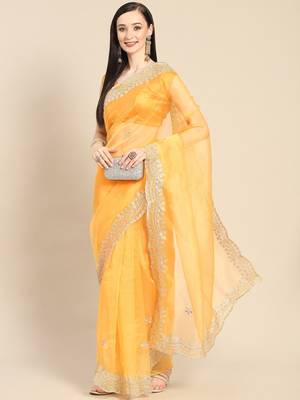 Mustard mustard & silver-coloured organza saree with embroidered border 2