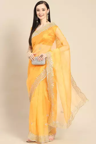 Mustard mustard & silver-coloured organza saree with embroidered border