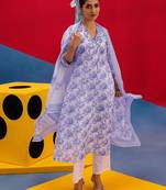 women ethnic motifs printed regular thread work kurta with trousers & with dupatta