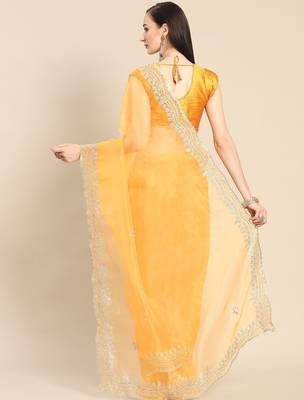Mustard mustard & silver-coloured organza saree with embroidered border 3