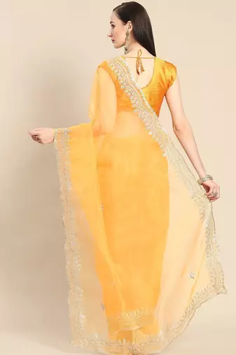 Mustard mustard & silver-coloured organza saree with embroidered border