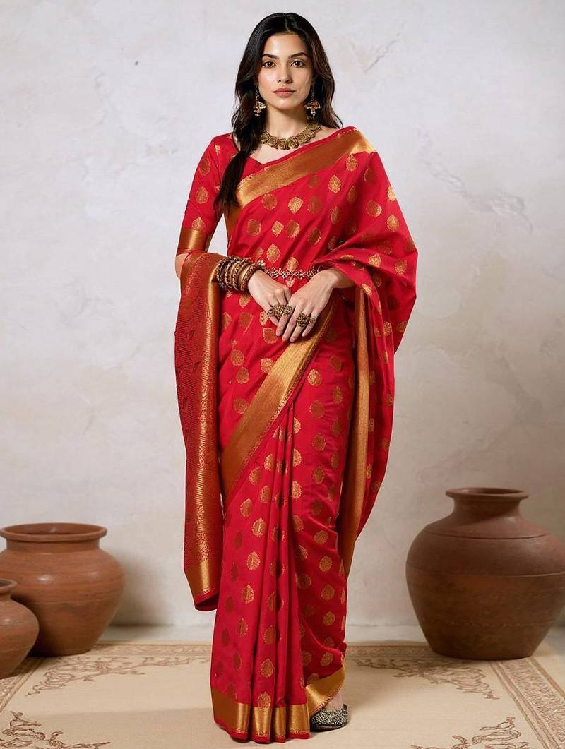 Red ethnic motifs zari banarasi saree