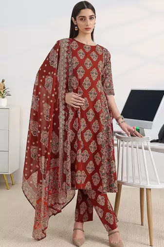 women ethnic motifs printed regular kurta with trousers & with dupatta