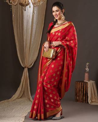 Red ethnic motifs zari banarasi saree 3