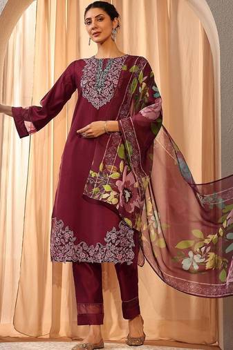maroon floral embroidered straight suit set with dupatta